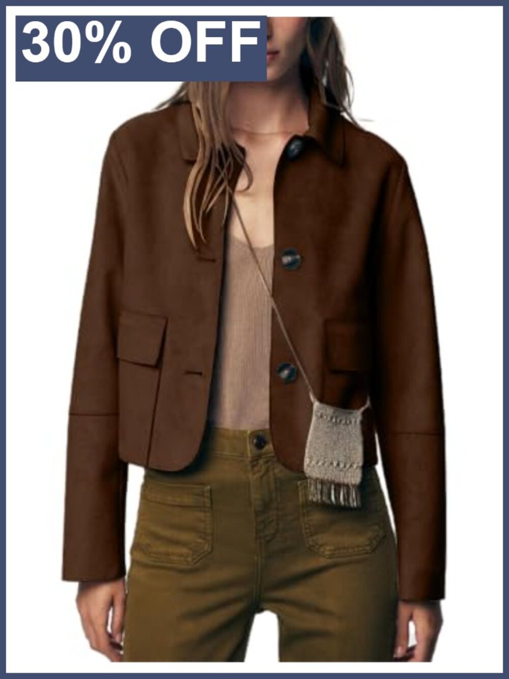 Faux Suede Cropped Button Down Jacket Women's Casual